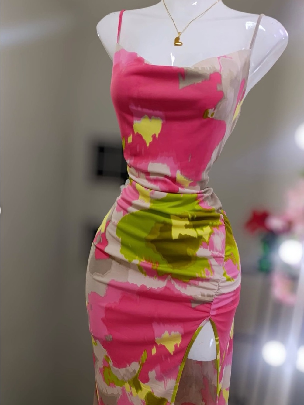 Forever 21 Pink & Lime Abstract Cowl Slip Midi Dress